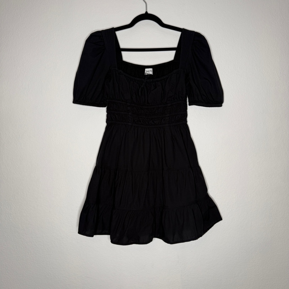 Sunday Best Dress Martine Black Cotton Puff Sleeve Tiered Skirt Chest Tie Size M